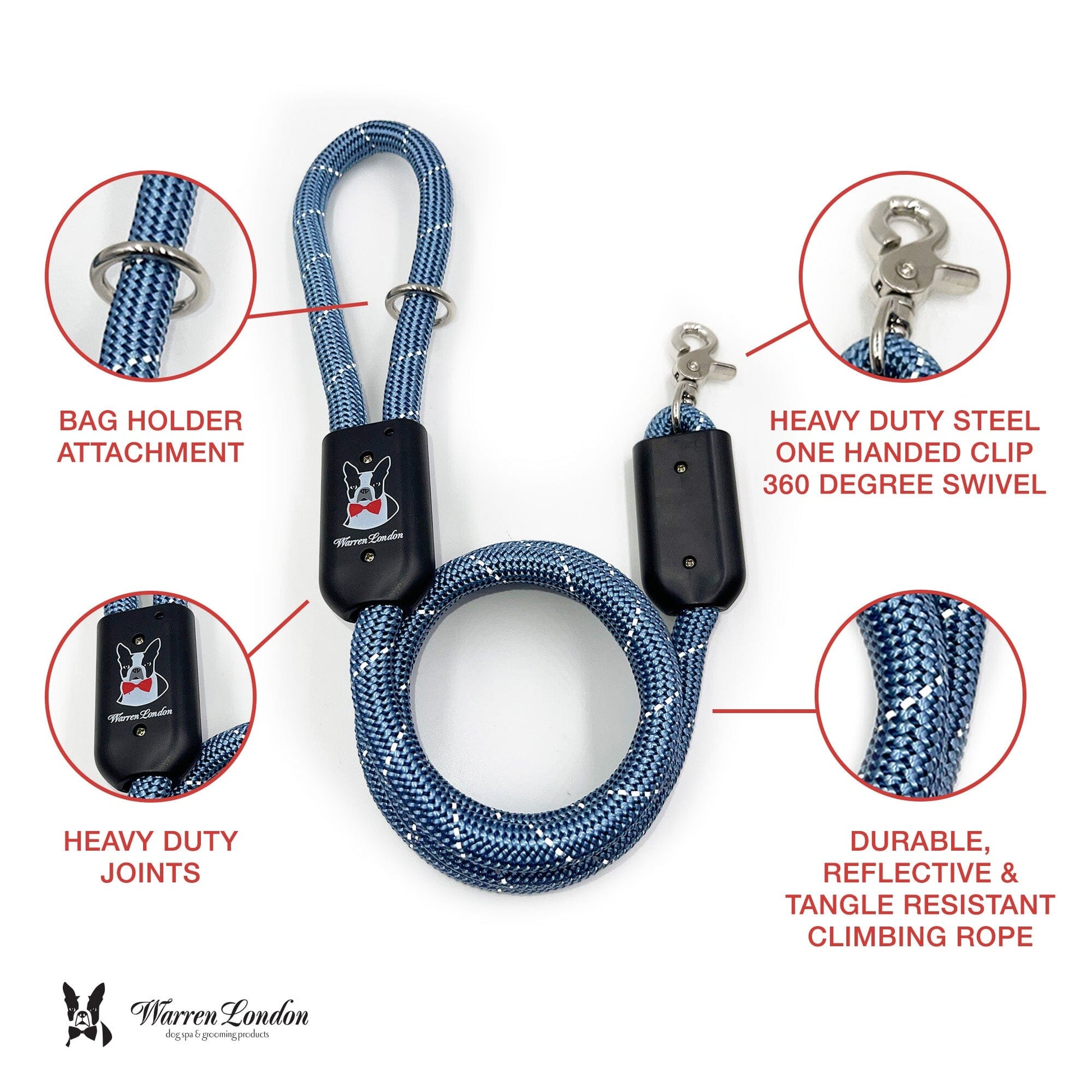 Rope Leash - Blue Reflective Leashes, Collars & Accessories Warren London 