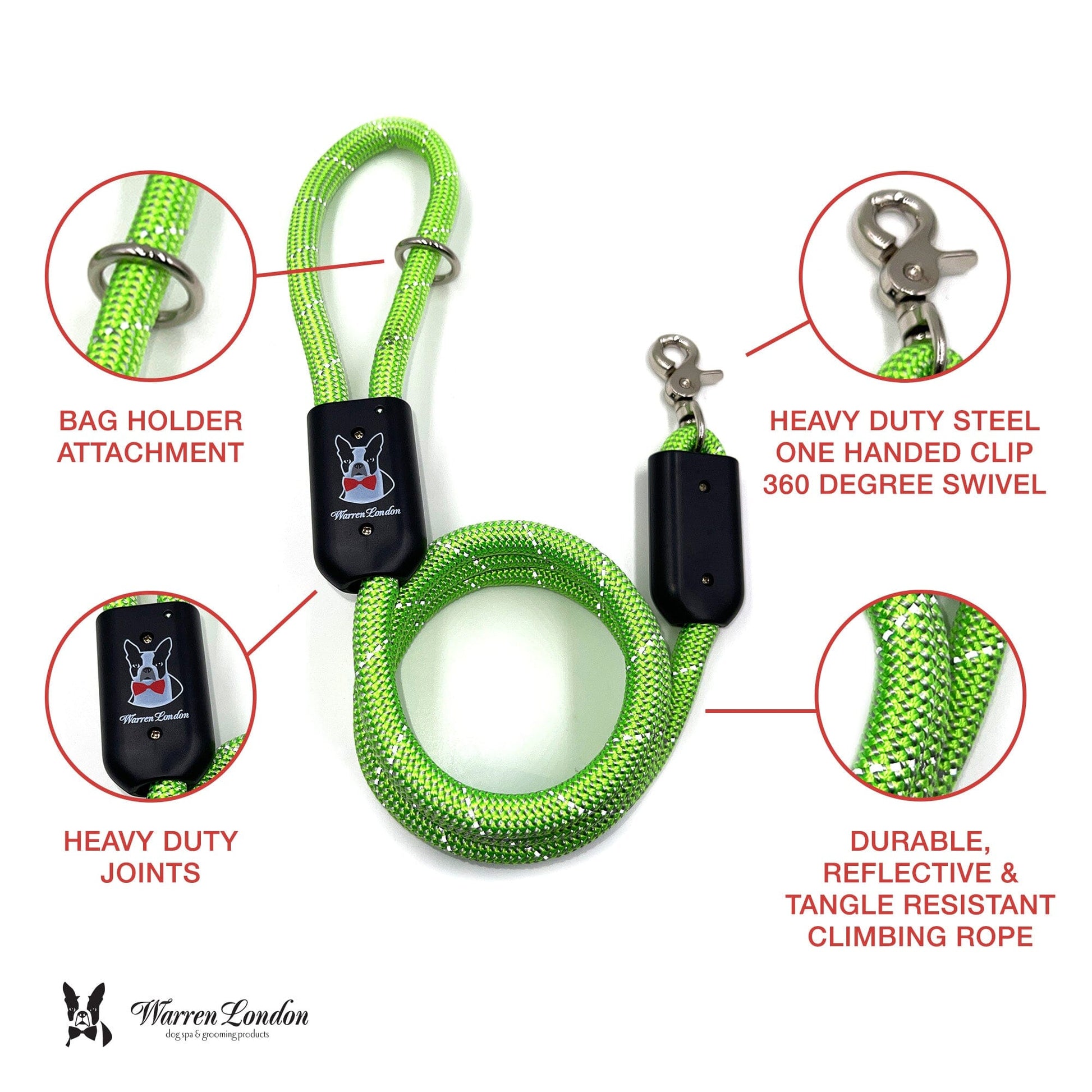 Rope Leash - Green Reflective Leashes, Collars & Accessories Warren London 