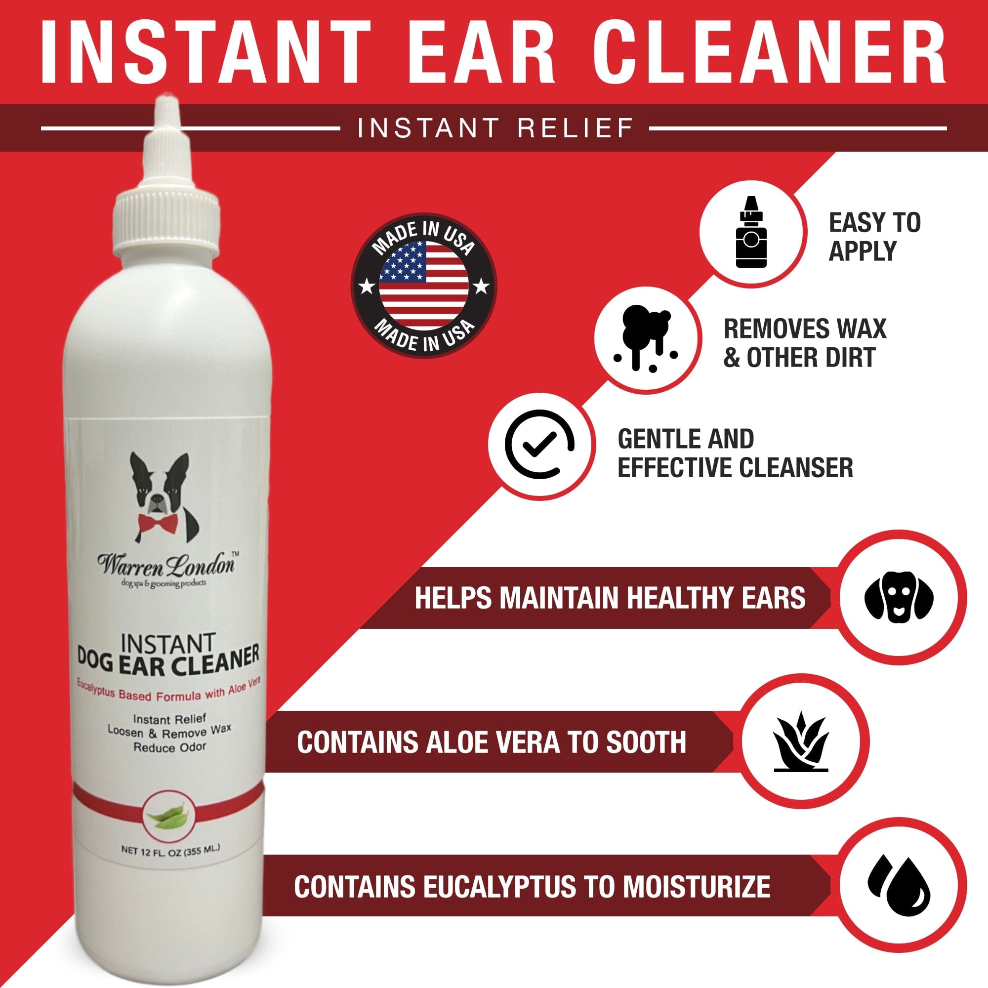 Instant Ear Cleaner For Dogs - Professional Size - Removes Wax and Odor Spa Product Warren London 