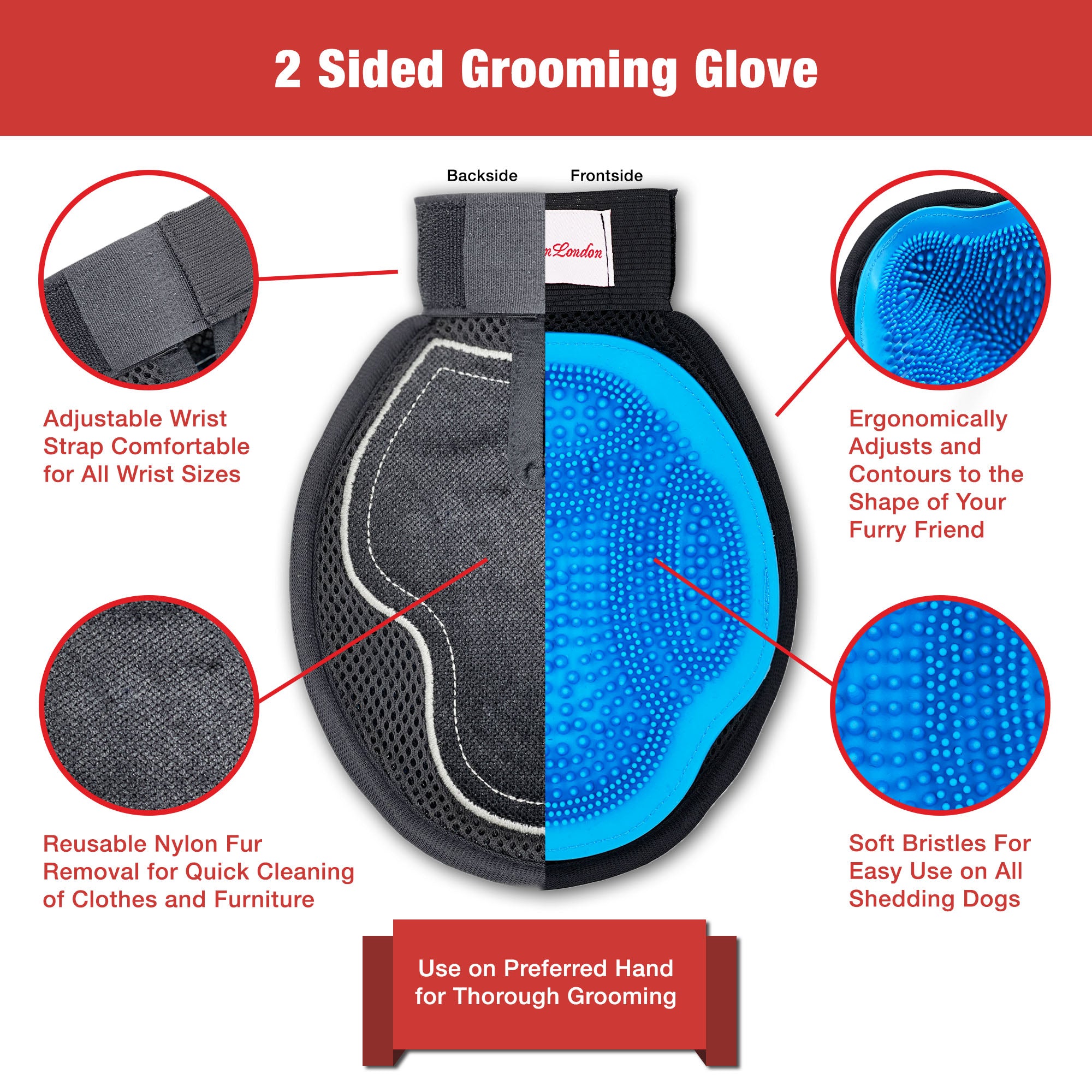 2 in 1 Pet Grooming Glove for Dogs & Cats - Double Sided Pet Grooming Supplies Warren London 