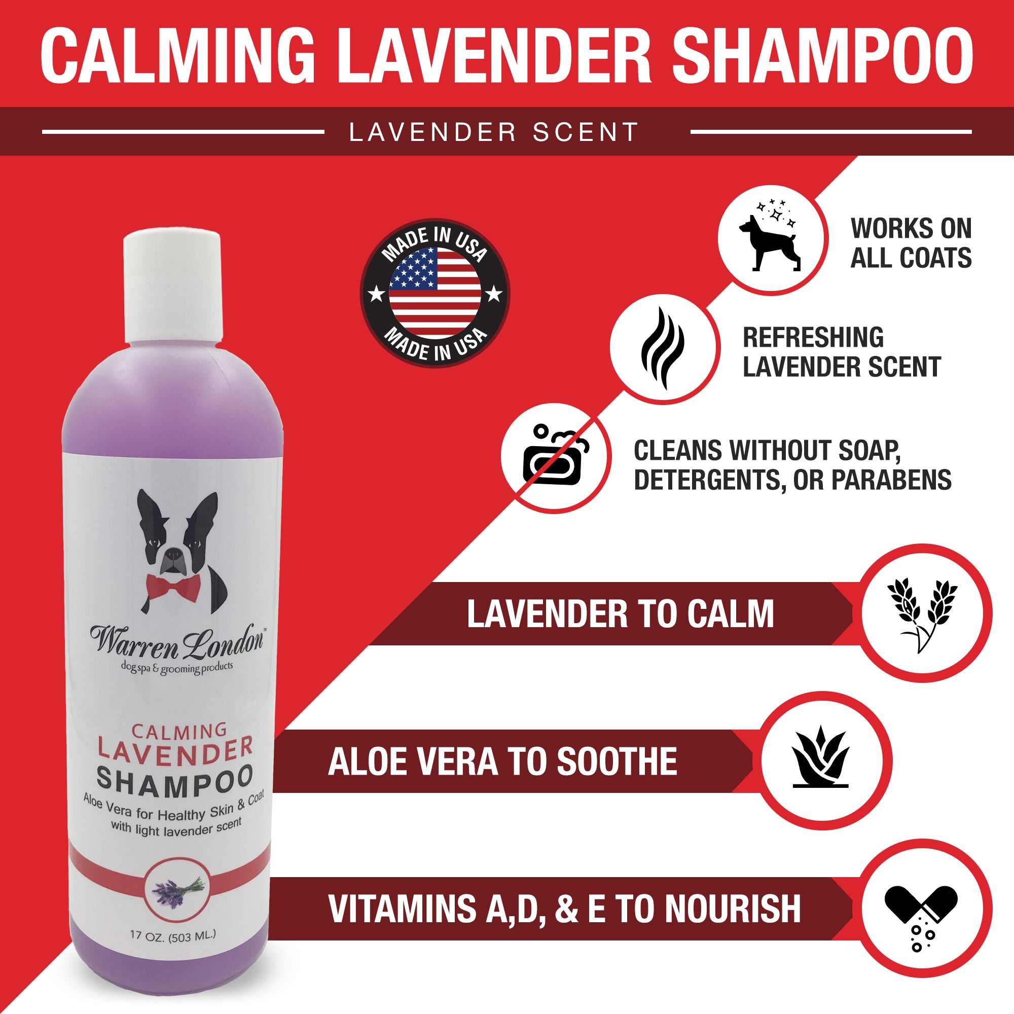 Calming Lavender Dog Shampoo w/Aloe Vera & Essential Oils Dog Shampoo Warren London 