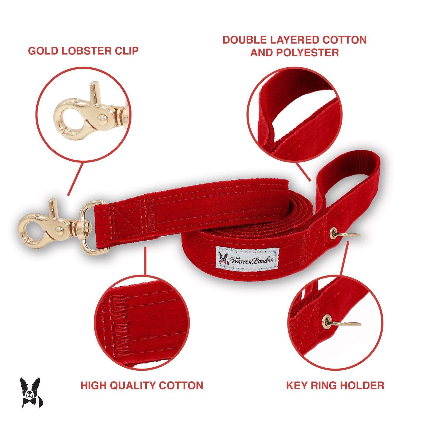 Fabric Dog Leash - Red Leashes, Collars & Accessories Warren London 